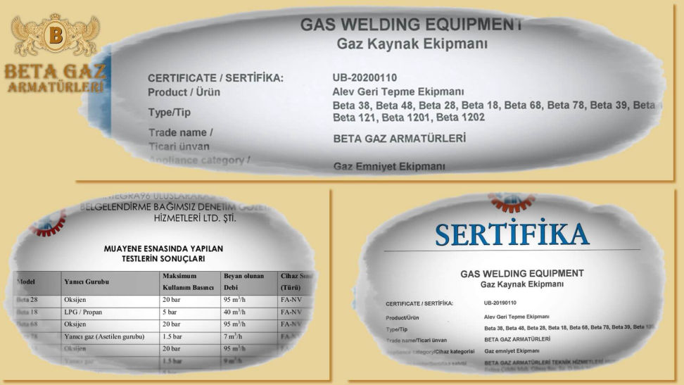 Sertifikalarımız ve Belgelerimiz - Beta Gaz Armatürleri Servisi - Tel: (216) 374 36 69
